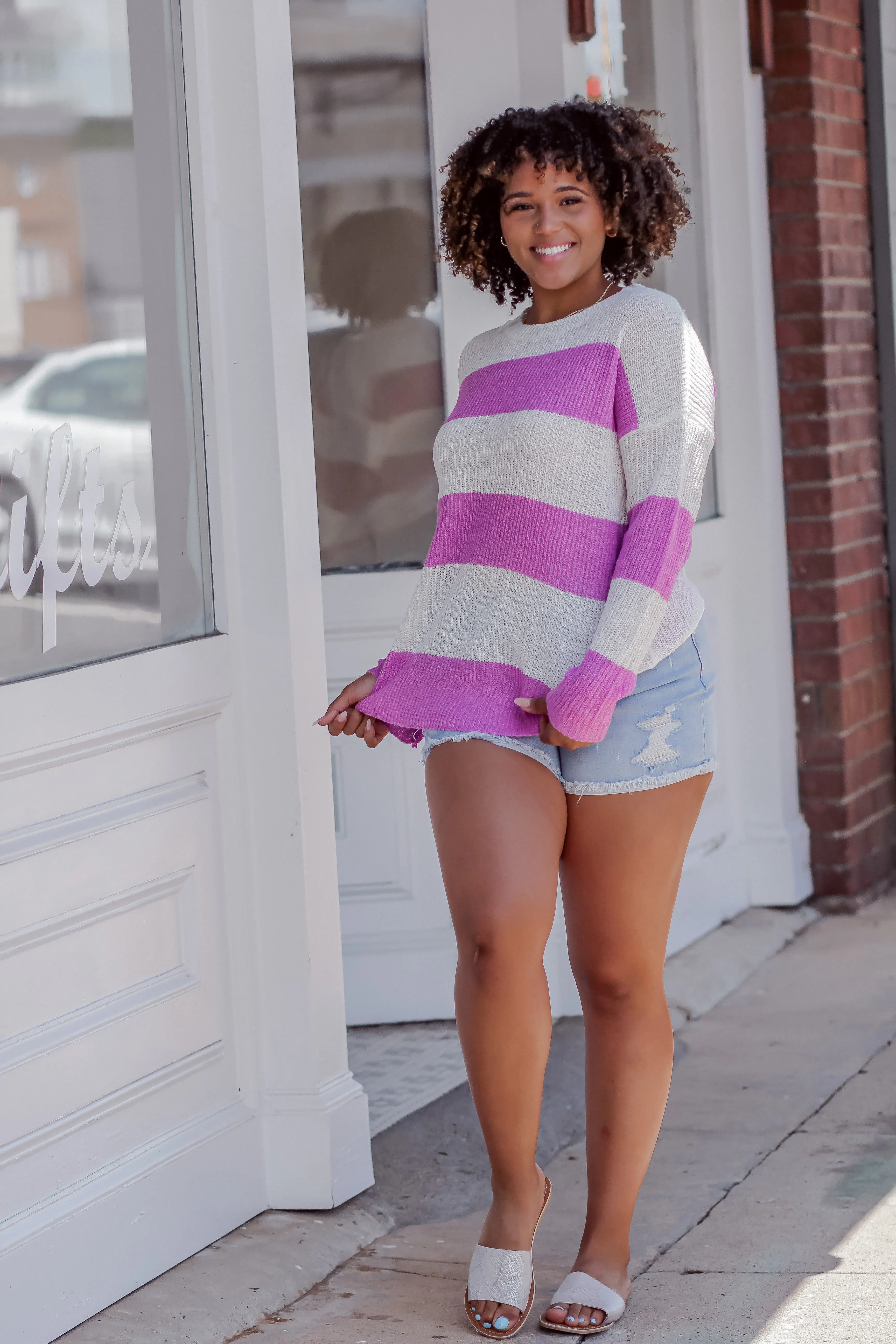 Ivory & Orchid Stripe Lightweight Sweater