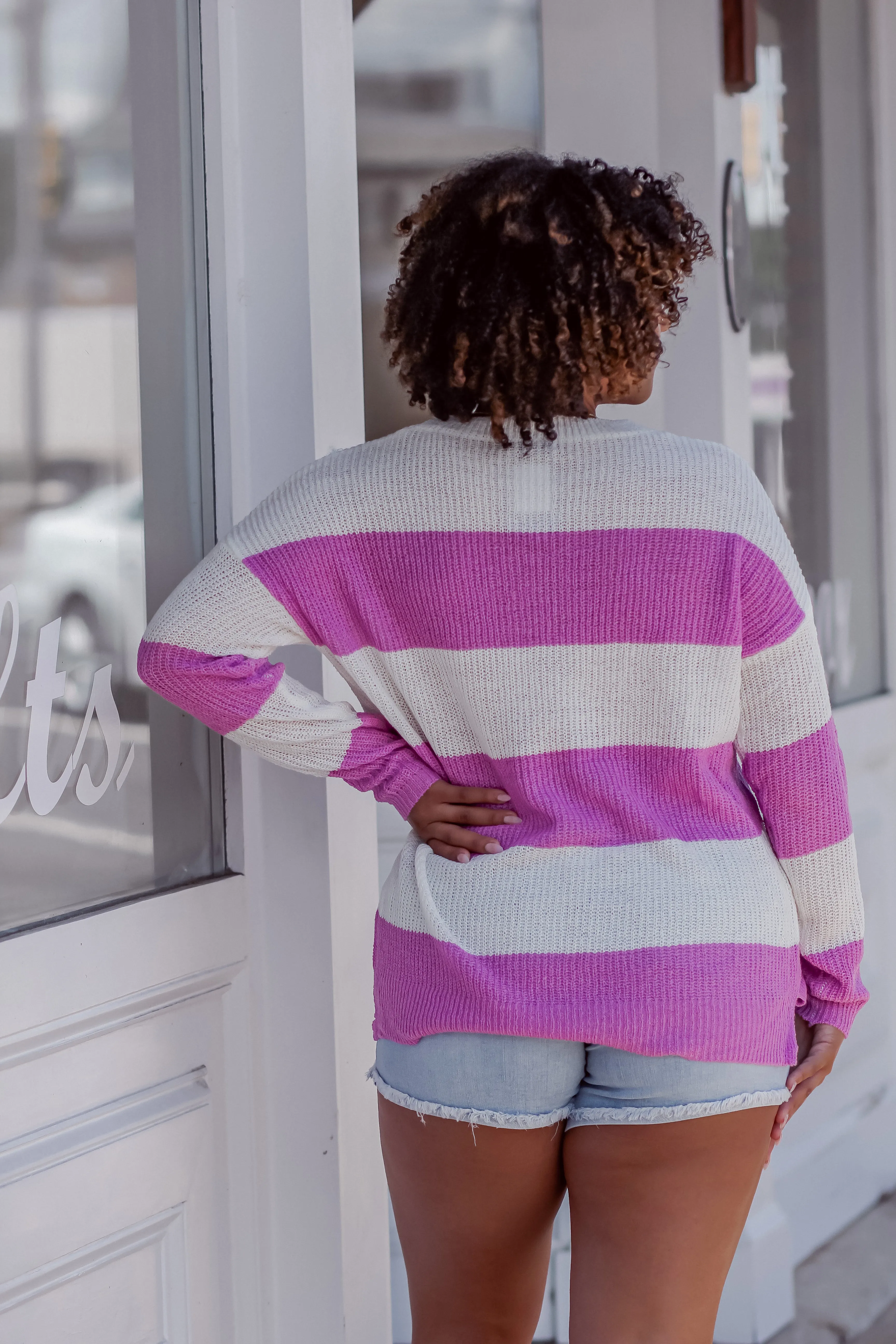 Ivory & Orchid Stripe Lightweight Sweater