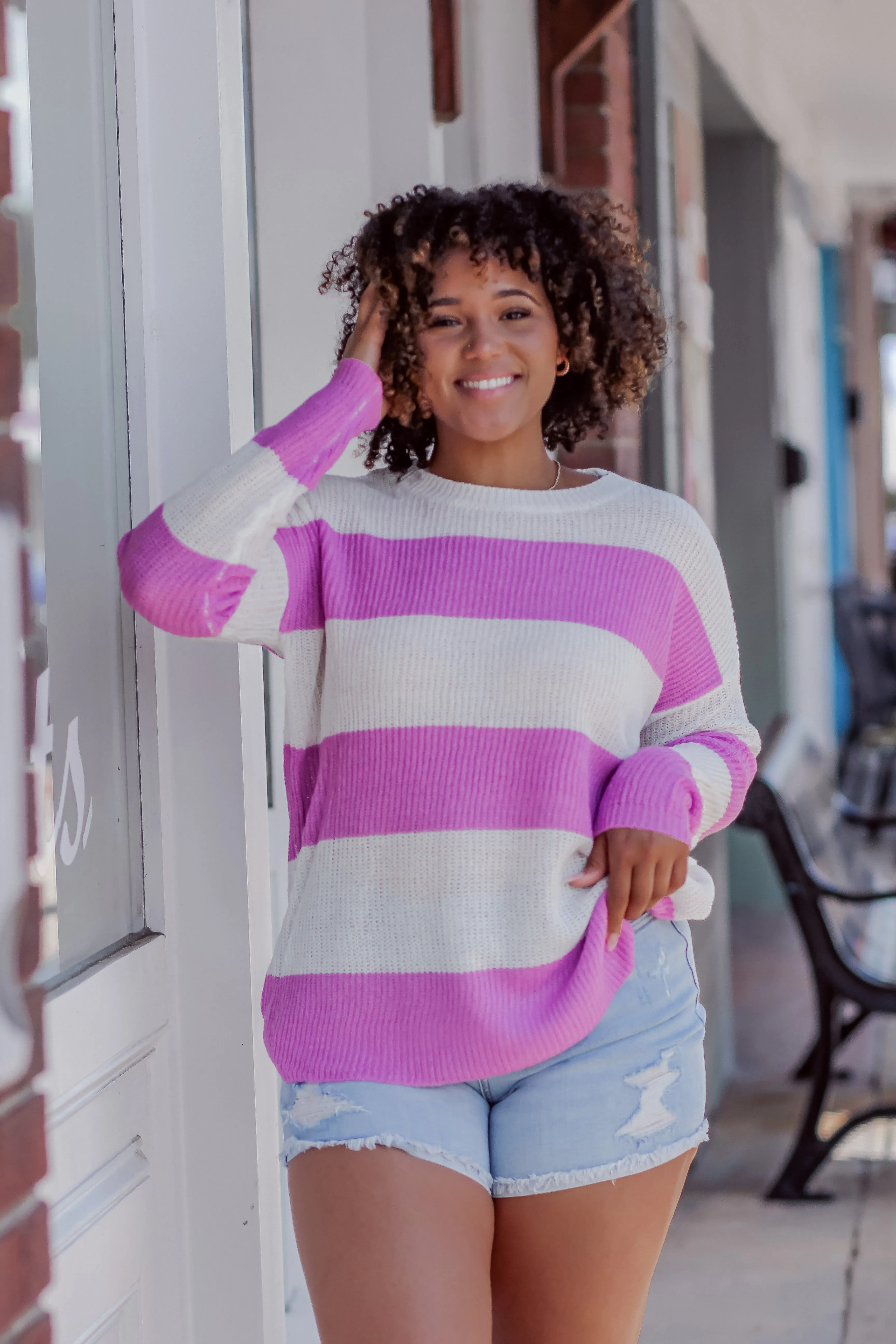 Ivory & Orchid Stripe Lightweight Sweater