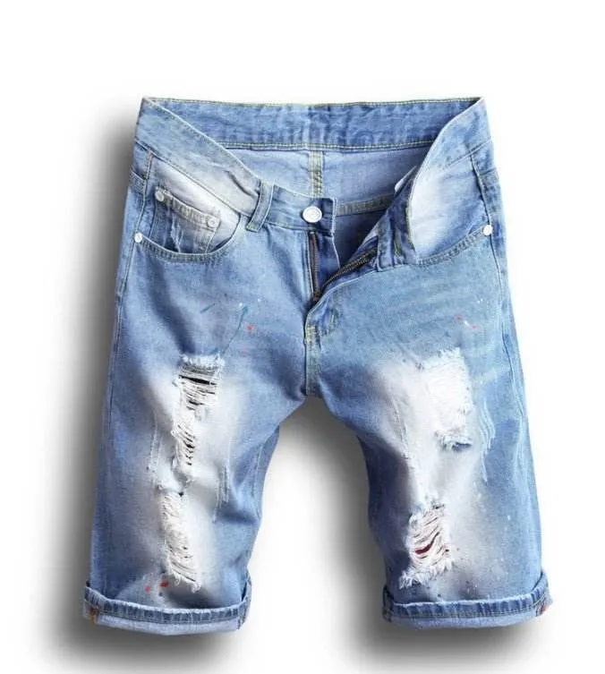 Simple Design Pockets Fitted Destroyed Half Jeans