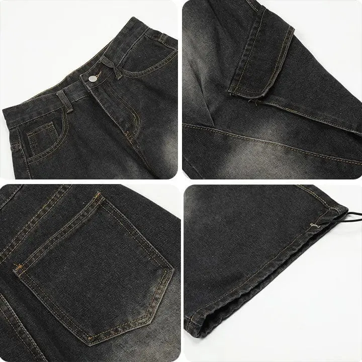 Sneakerhill® Stylish Straight Leg Jeans Patchwork Pocket