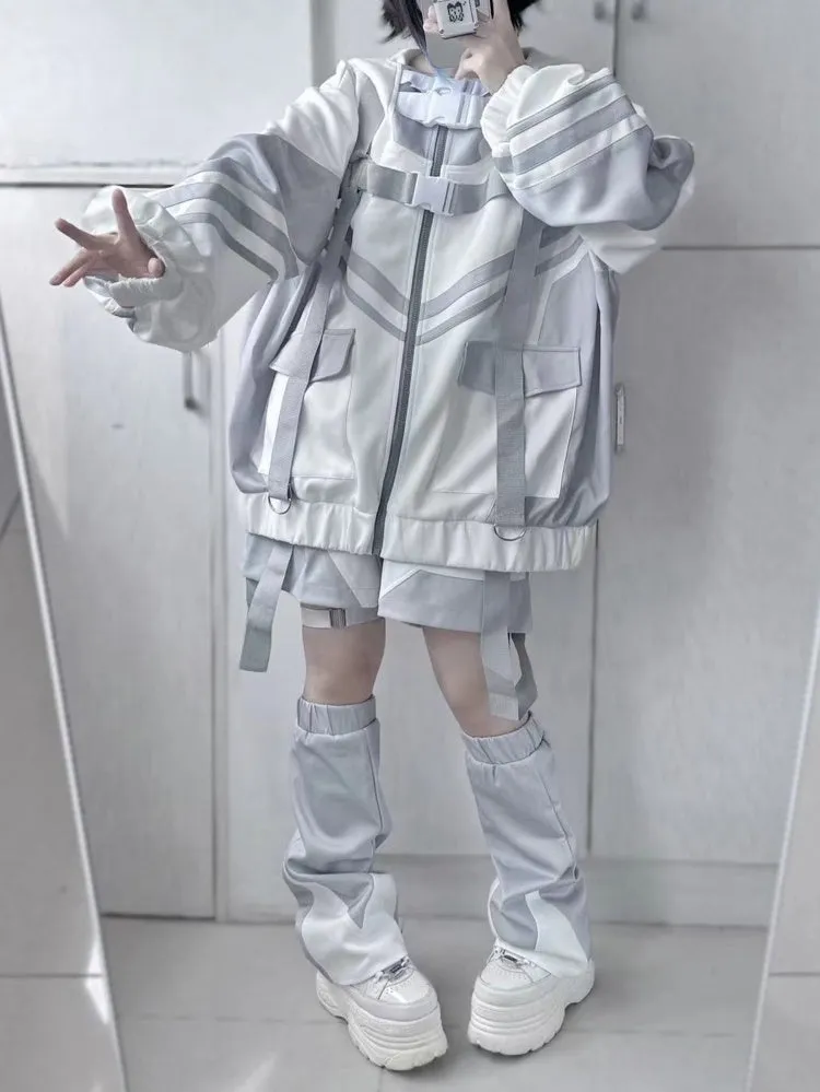 White & Gray Cyberpunk Patch Pockets Elastic Waist Jirai Kei Shorts