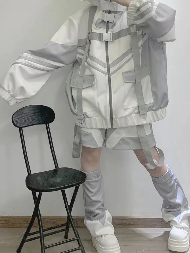 White & Gray Cyberpunk Patch Pockets Elastic Waist Jirai Kei Shorts